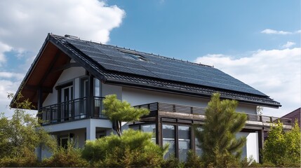 Black solar panels installed on house roof under sunny sky Closeup of modern eco home