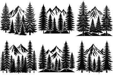 Obraz premium pine tree with mountain silhouette vector illustration isolated on white background.
