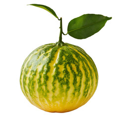 Unique striped fruit with green leaf on top PNG on a transparent background 