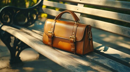 A beautiful brown leather handbag rests on a wooden bench
