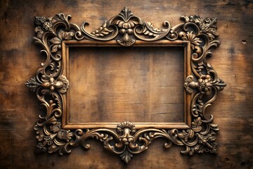 Vintage photo in an ornate antique golden frame hangs on an old wooden wall, a decorative art object