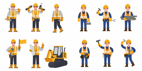 Flat Simple Minimalist Construction Worker Builder Vector Set on White Background

