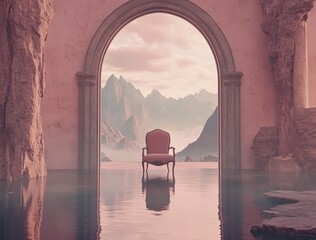 A solitary chair sits amidst a flooded, arched doorway, overlooking serene mountains