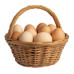 Fresh eggs displayed in a wicker basket for cooking PNG on a transparent background 