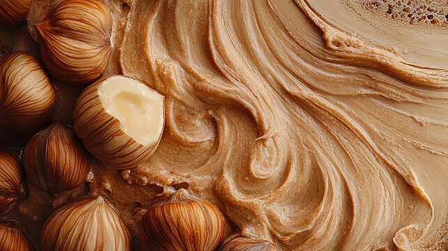 Delicious hazelnut spread with roasted hazelnuts texture background food rich cream brown sweet paste