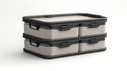 Stackable storage containers with transparent lids, showcasing organized compartments for efficient storage