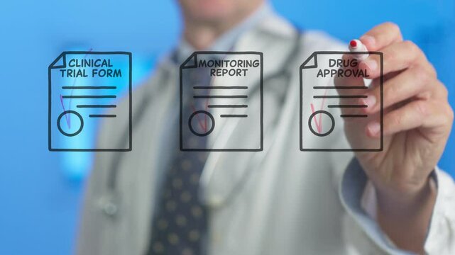 Medical professional analyzing clinical trial documents through transparent interactive board, navigating digital forms and monitoring reports with advanced healthcare technology