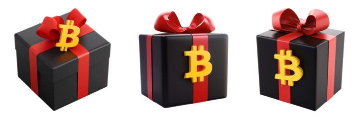Three black gift boxes wrapped in red ribbon and gold Bitcoin symbol shown on transparent background