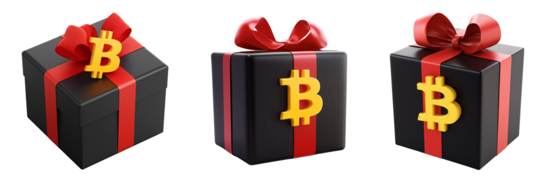 Three black gift boxes wrapped in red ribbon and gold Bitcoin symbol shown on transparent background