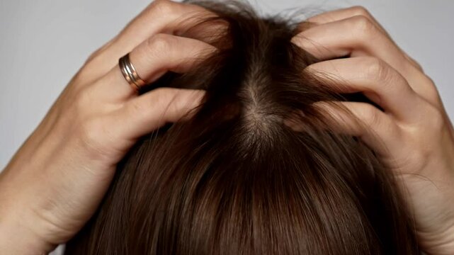 Woman with itchy, flaky scalp scratching her head. Concept of dandruff and dry skin care.