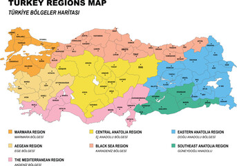 Türkiye map, 7 regions detailed drawn Turkey map white vector background. Türkiye Regions Map. Central Anatolia, Black Sea, Eastern Anatolia, Aegean, Southeastern Anatolia, Marmara, Mediterranean