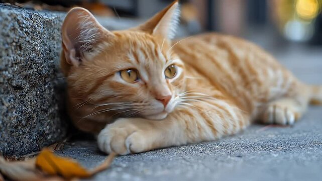 Ginger Tabby Kitten Resting Paw on Concrete with Leaf During Daytime