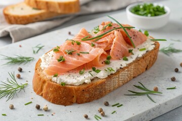 Freshly Made Smoked Salmon Toast With Cream Cheese on Bread Generative AI