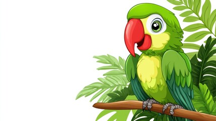 A green parrot sits on a branch amongst tropical leaves. Vector art illustration