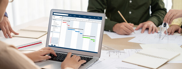 Project planning software for brisk business project management on the computer screen showing...
