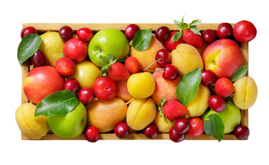 Mix of fresh fruits in wooden box isolated on transparent background, top view