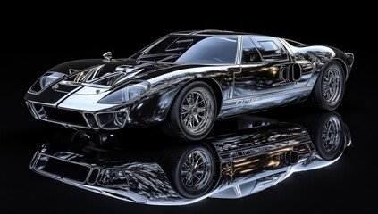 Sleek, classic sports car.  Glossy, black and silver racing machine with perfect reflection