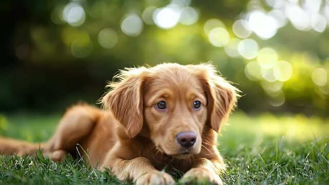Golden Retriever Dog Resting Peacefully on Green Grass with Soft Bokeh Background