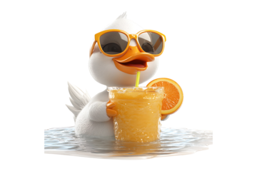 Cartoon Duck with Orange Juice and Sunglasses isolated on transparent background.