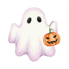 Cute Cartoon Ghost with a Pumpkin for Halloween