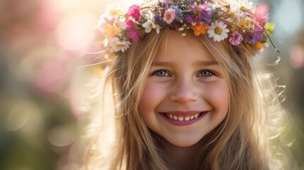 Fototapeta premium A child's radiant smile adorned with a flower crown, celebrating the pure joy of International Children's Day.
