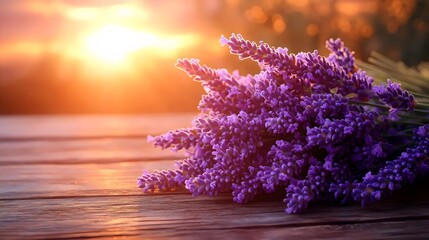 Obraz premium Close-up of a lavender bouquet in warm sunset light, set on a wooden table.