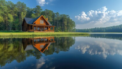 Obraz premium Lakeside cabin, summer morning, tranquil reflection, forest background; real estate
