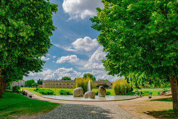 Fountain with Rocks in Green Park in Ingolstadt, Germany