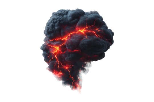 Black cloud with red lightning isolated on transparent background.