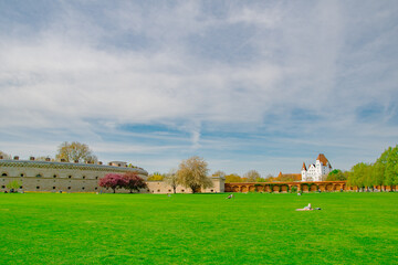 Day in Klenzepark Ingolstadt with Castle and Fortress Wall
