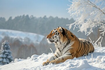Obraz premium Majestic Tiger Resting in Winter Snow Landscape Generative AI