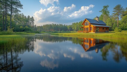 Obraz premium Lakeside log cabin, serene forest, sunny day, reflection