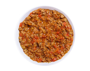 plate of bolognese sauce isolated on transparent background, top view