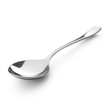 Polished stainless steel spoon angled on a white background.