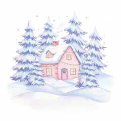 Naklejka premium Pink Cottage in Snowy Winter Wonderland