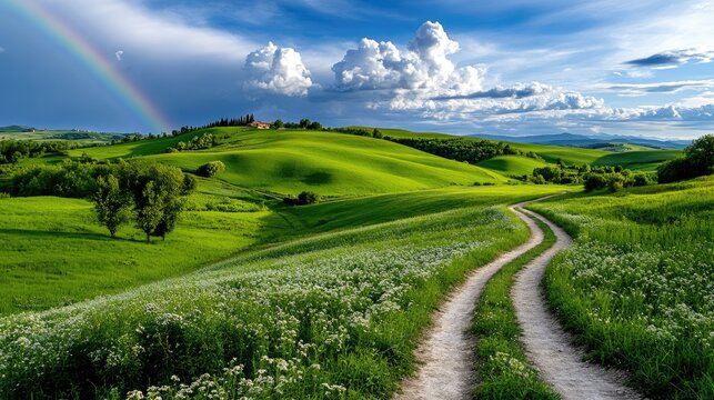 Vivid arc of a rainbow spans the horizon, contrasting beautifully with the green fields below. - Powered by Adobe