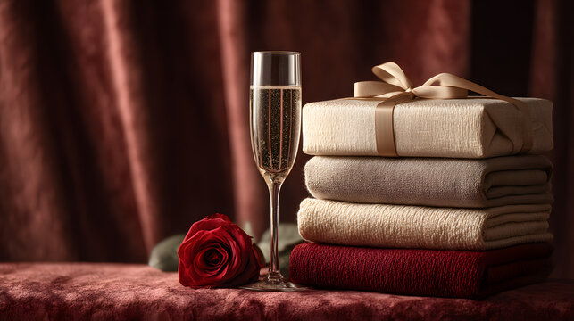 Celebration still life: gifts tied with ribbon, champagne glass, and red rose on plush fabric for a festive and luxurious atmosphere.