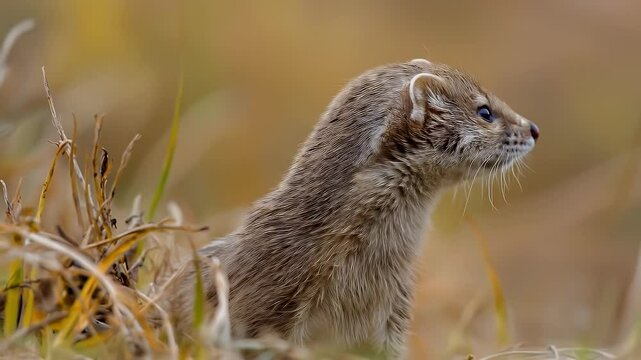 Portrait of a Weasel with Brown Fur and Small Black Eyes in a Field of Grass