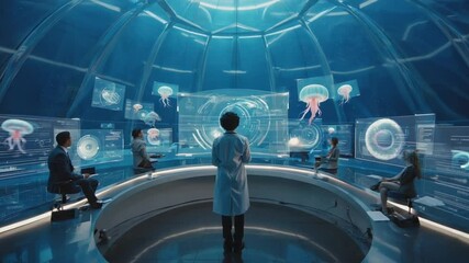 A tech team transparent underwater dome, holographic particle simulations, quantum visualizations, bioluminescent ocean life, real-time voice controlled translucent interfaces