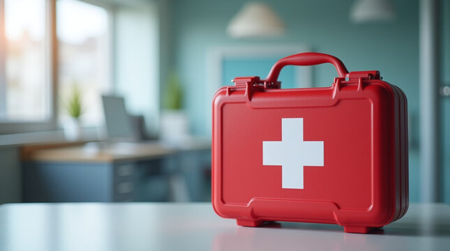 Emergency response essentials office space first aid kit modern environment close-up view health and safety awareness