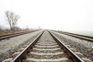 Fototapeta premium Perspective View of Railway Tracks Leading Into Foggy Distance Generative AI