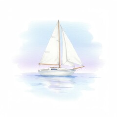 Fototapeta premium White Sailboat on Calm Ocean Watercolor Painting