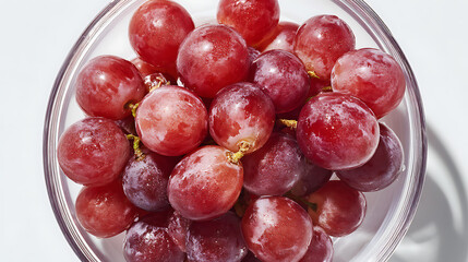 Red Grapes in Glass Bowl: A close-up shot of a bowl filled with vibrant, juicy red grapes, glistening under soft light.  The image is simple yet appealing, ideal for showcasing fresh produce.
