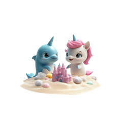 Obraz premium Adorable Unicorn and Dolphin Building a Sandcastle on the Beach