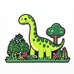 Fototapeta premium Cute Cartoon Dinosaur Surrounded by Colorful Plants and Trees in Nature Scene