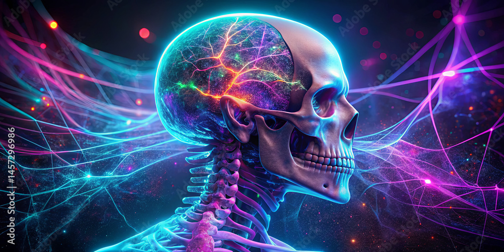 Fototapete a vibrant skull illustrates brain activity with neon colors and electrical patterns. the cosmic back