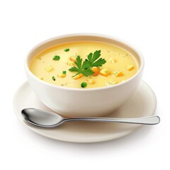 Creamy, cheesy soup in a white bowl, garnished with fresh herbs.