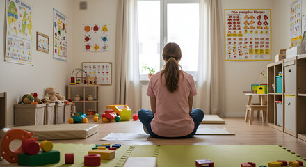 Woman Meditates in a Brightly Decorated Kindergarten Classroom Filled with Educational Toys and Colorful Maps During Daytime