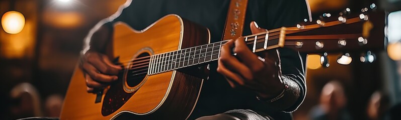 Obraz premium Someone is playing a guitar in a dark room with people