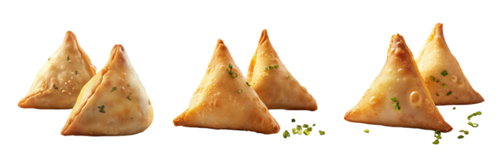 Several triangular samosas present authentic culinary cuisine with golden brown crust and green toppings on transparent background